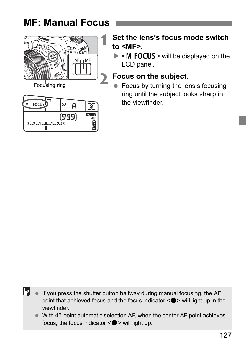 Mf: manual focus | Canon EOS 80D User Manual | Page 129 / 308