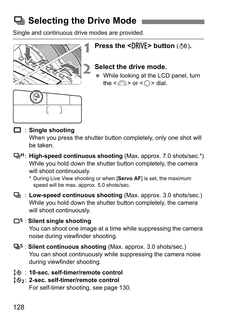 Selecting the drive mode, Iselecting the drive mode | Canon EOS 80D User Manual | Page 130 / 308