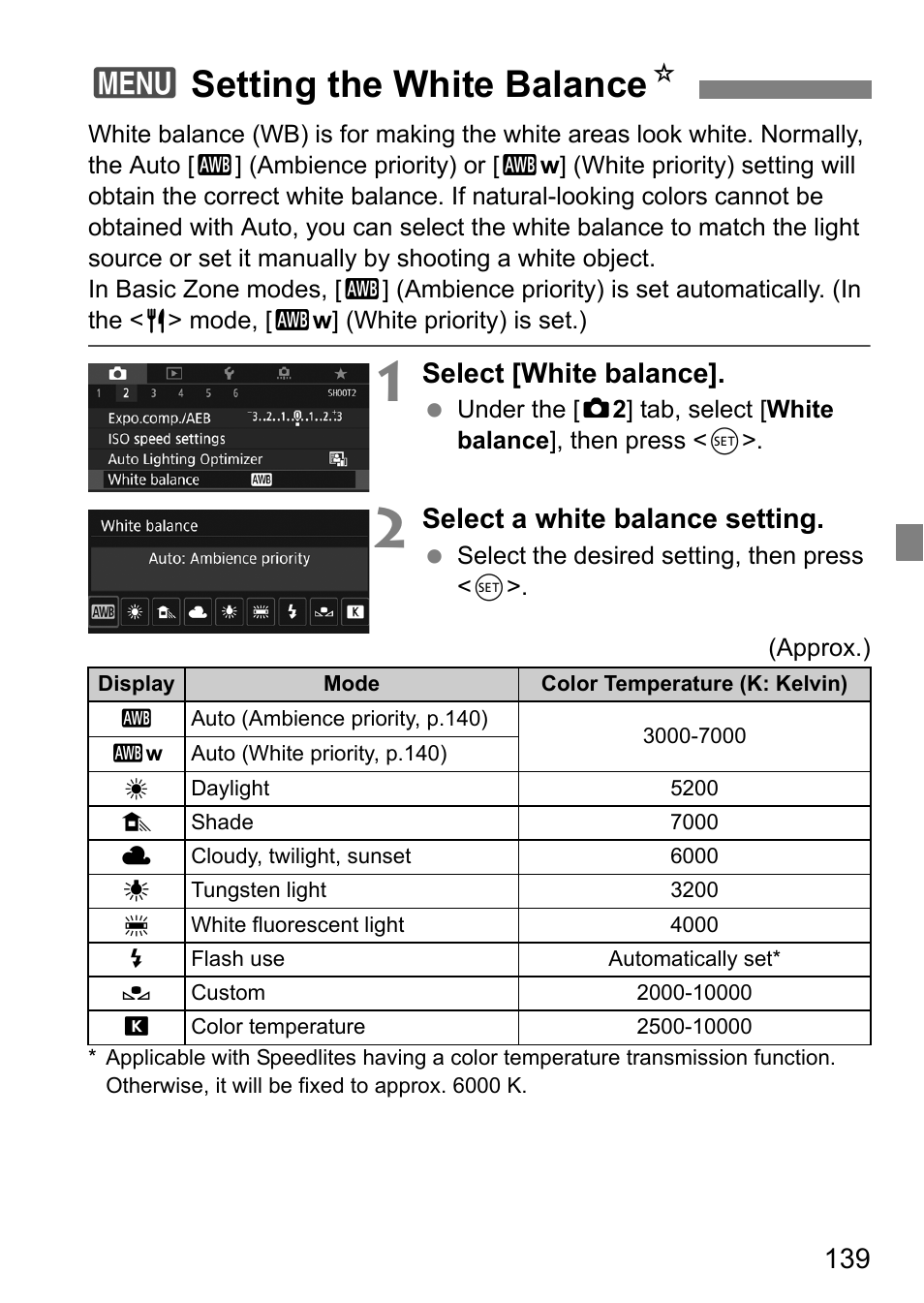 Setting the white balance, 3setting the white balance n, Select [white balance | Select a white balance setting | Canon EOS 80D User Manual | Page 141 / 308