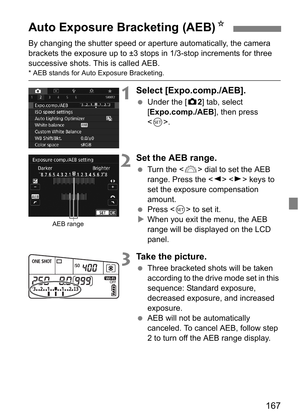 Auto exposure bracketing (aeb), Auto exposure bracketing (aeb) n | Canon EOS 80D User Manual | Page 169 / 308