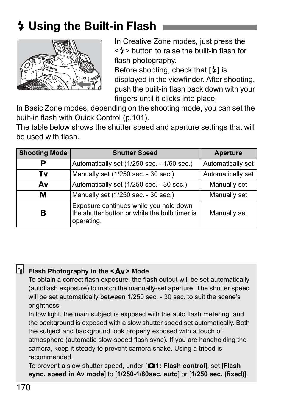 Using the built-in flash, Dusing the built-in flash | Canon EOS 80D User Manual | Page 172 / 308