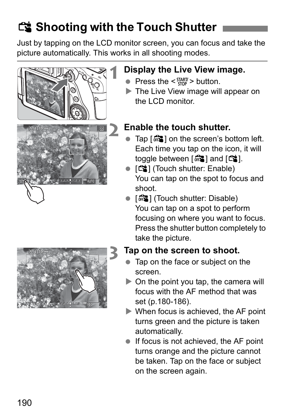 Shooting with the touch shutter, Xshooting with the touch shutter | Canon EOS 80D User Manual | Page 192 / 308