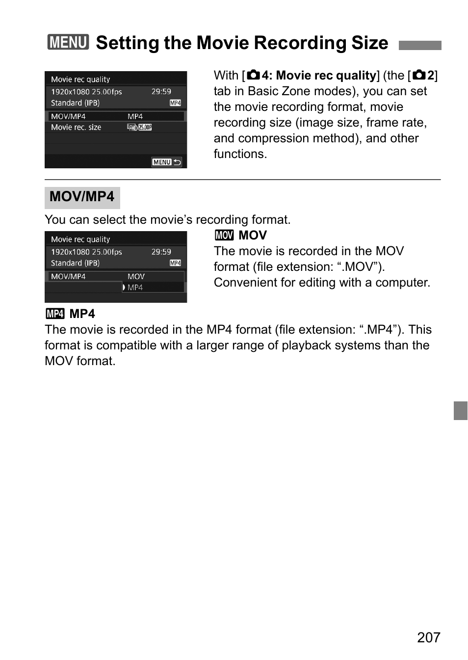 Setting the movie recording size, 3setting the movie recording size | Canon EOS 80D User Manual | Page 209 / 308