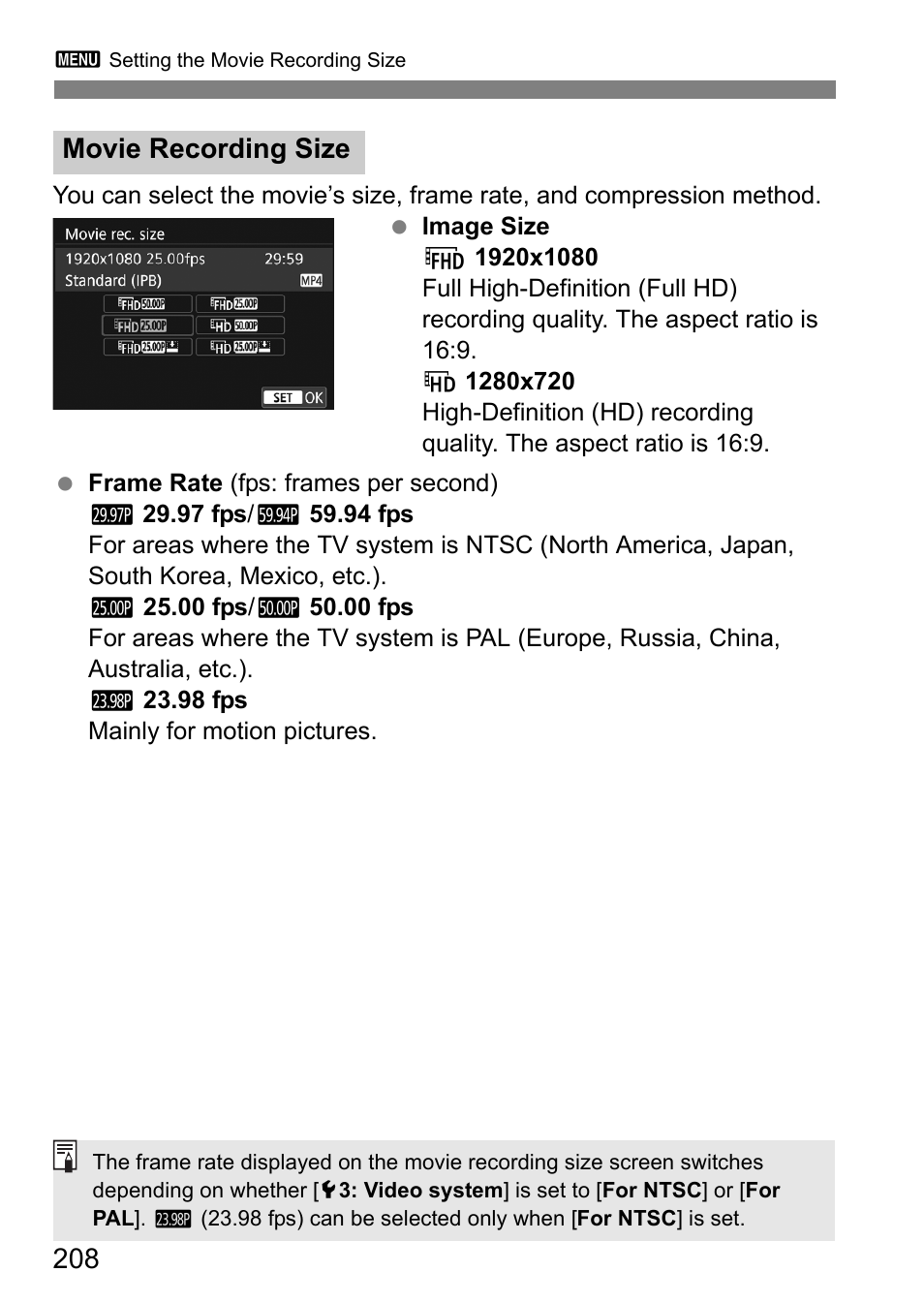 Movie recording size | Canon EOS 80D User Manual | Page 210 / 308