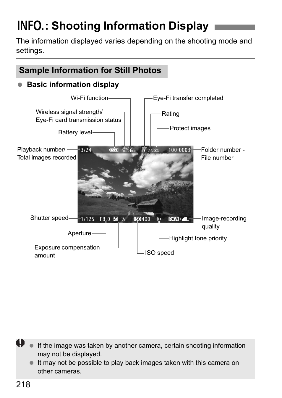 B: shooting information display, Sample information for still photos | Canon EOS 80D User Manual | Page 220 / 308