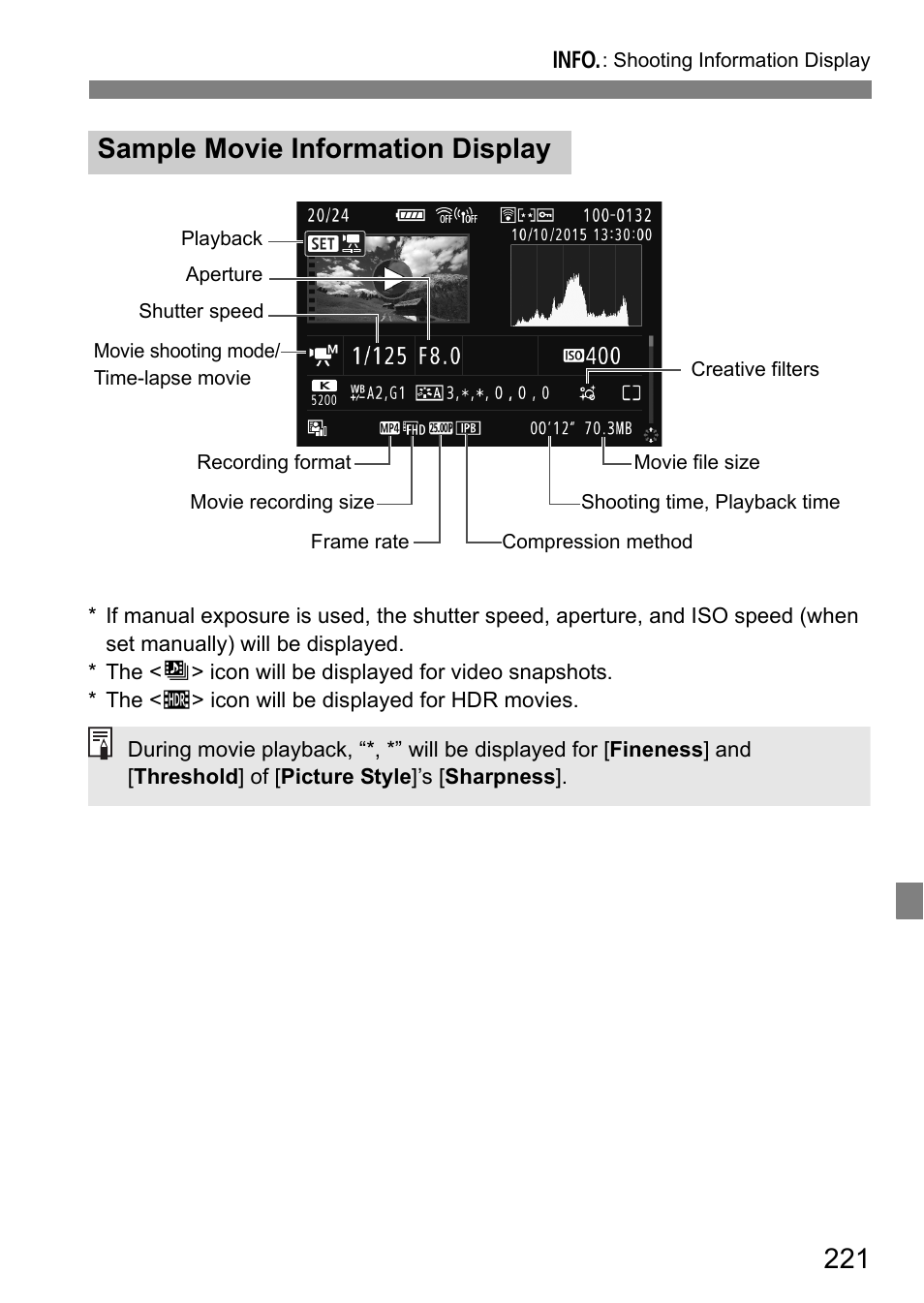 Sample movie information display | Canon EOS 80D User Manual | Page 223 / 308