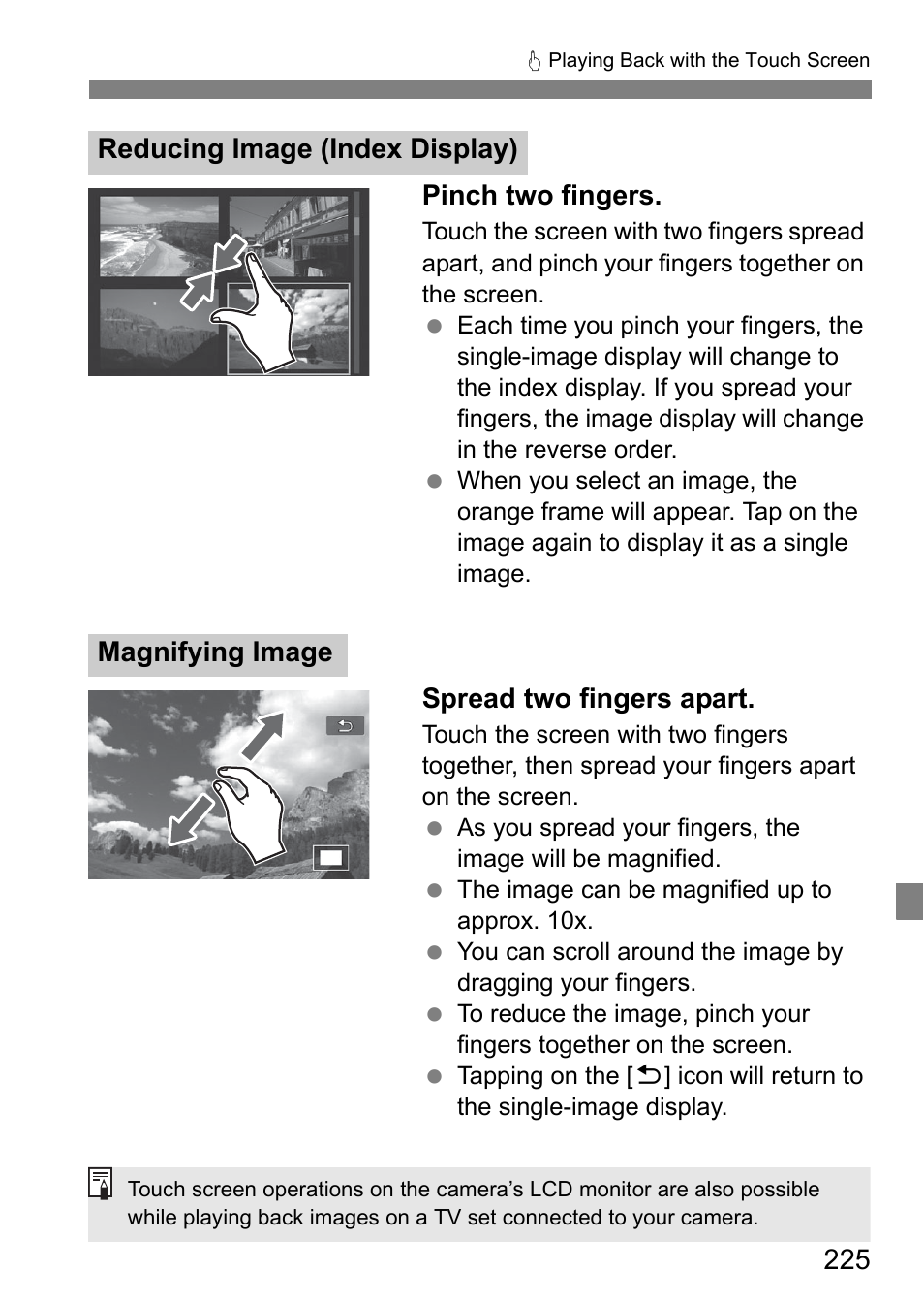 Pinch two fingers, Spread two fingers apart, Reducing image (index display) magnifying image | Canon EOS 80D User Manual | Page 227 / 308