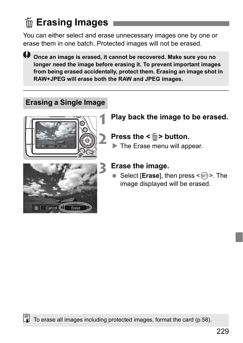 Erasing images, Lerasing images | Canon EOS 80D User Manual | Page 231 / 308