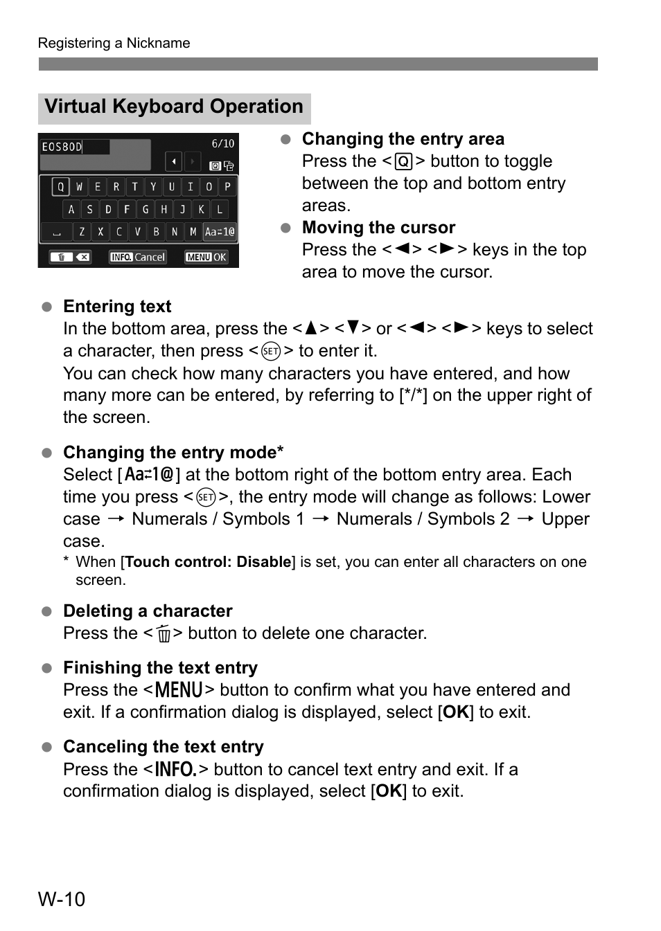 W-10, Virtual keyboard operation | Canon EOS 80D User Manual | Page 258 / 308