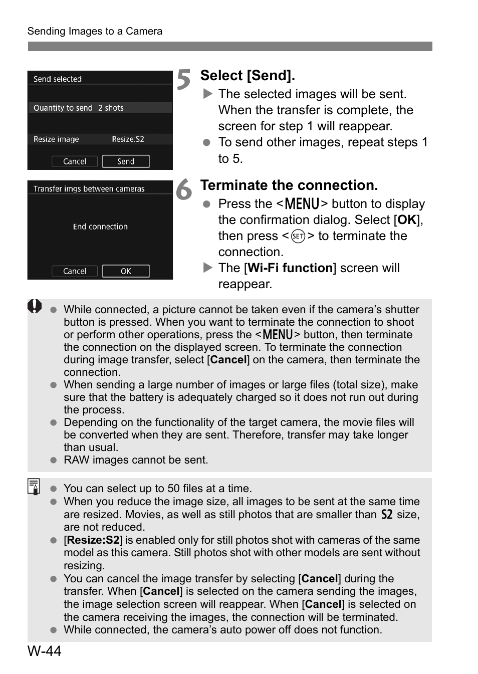 W-44, Select [send, Terminate the connection | Canon EOS 80D User Manual | Page 292 / 308