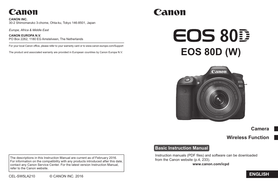 Eos 80d (w), Camera wireless function, Basic instruction manual english | Canon EOS 80D User Manual | Page 308 / 308