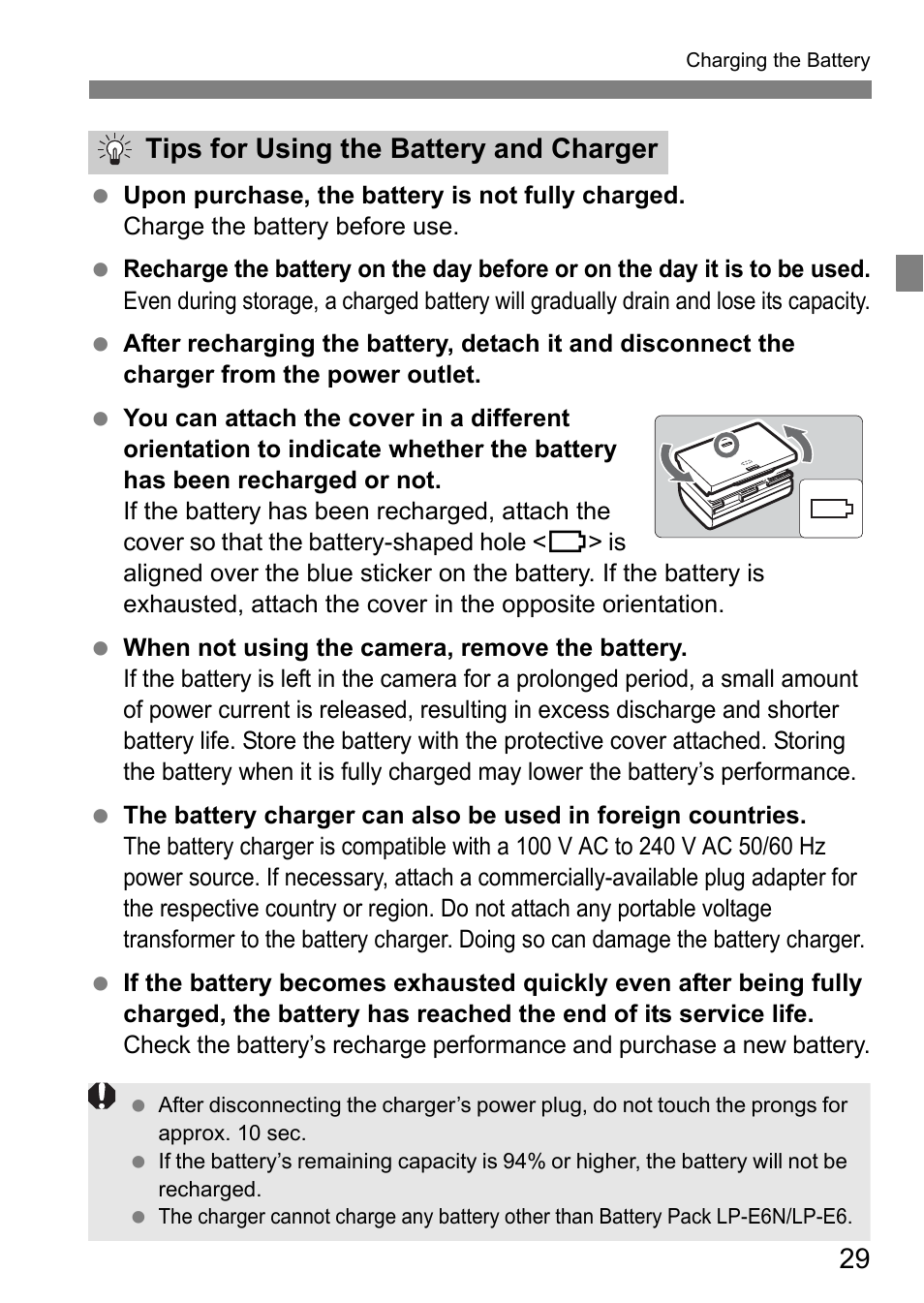 Tips for using the battery and charger | Canon EOS 80D User Manual | Page 31 / 308