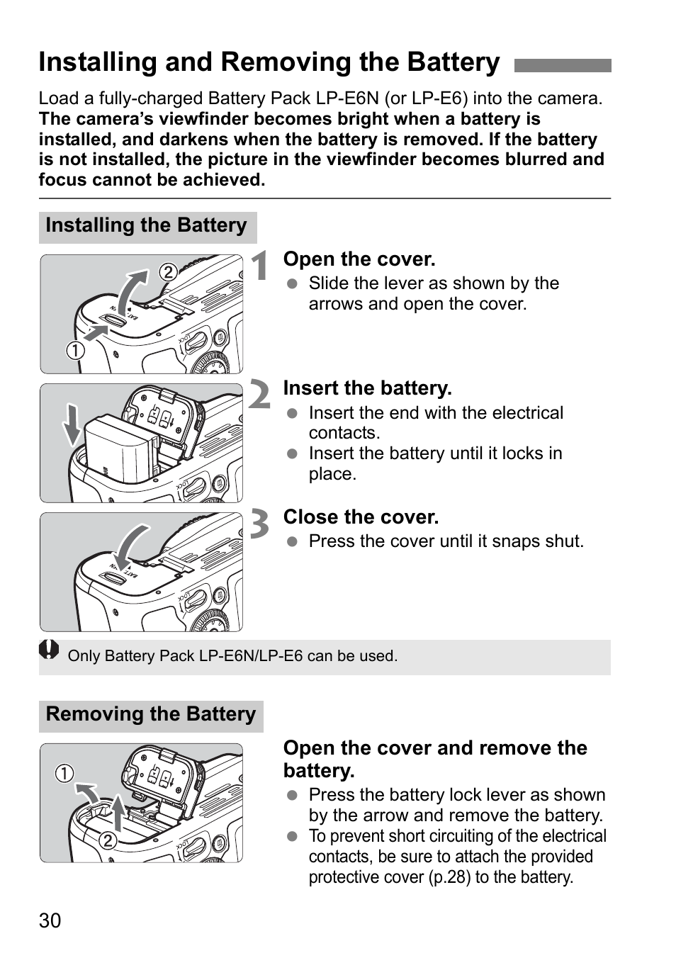 Installing and removing the battery | Canon EOS 80D User Manual | Page 32 / 308