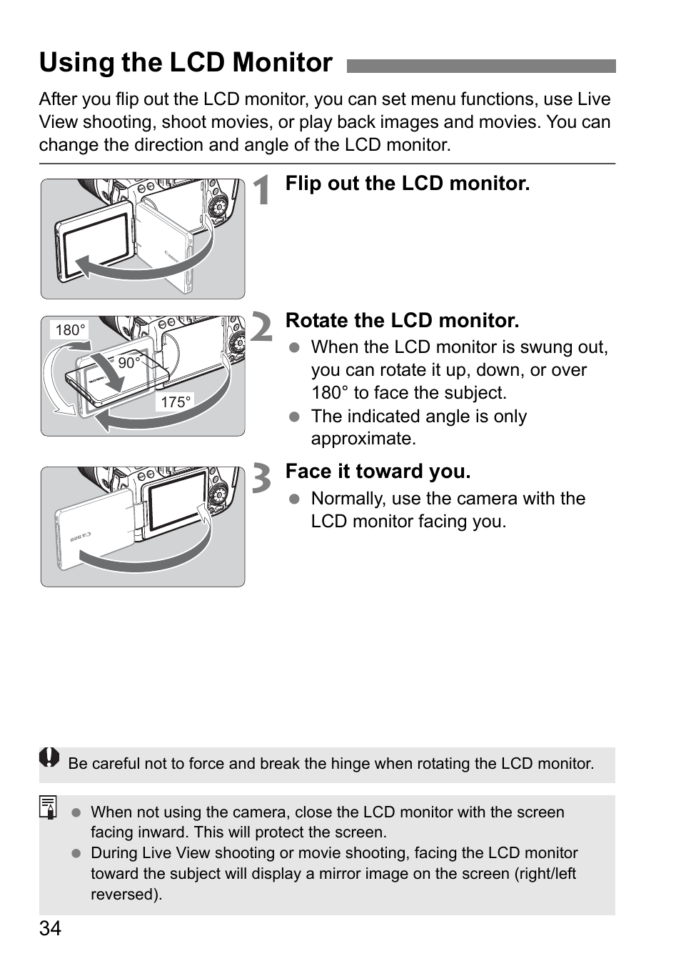 Using the lcd monitor | Canon EOS 80D User Manual | Page 36 / 308