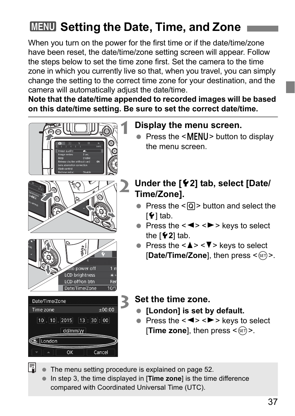 Setting the date, time, and zone, 3setting the date, time, and zone | Canon EOS 80D User Manual | Page 39 / 308