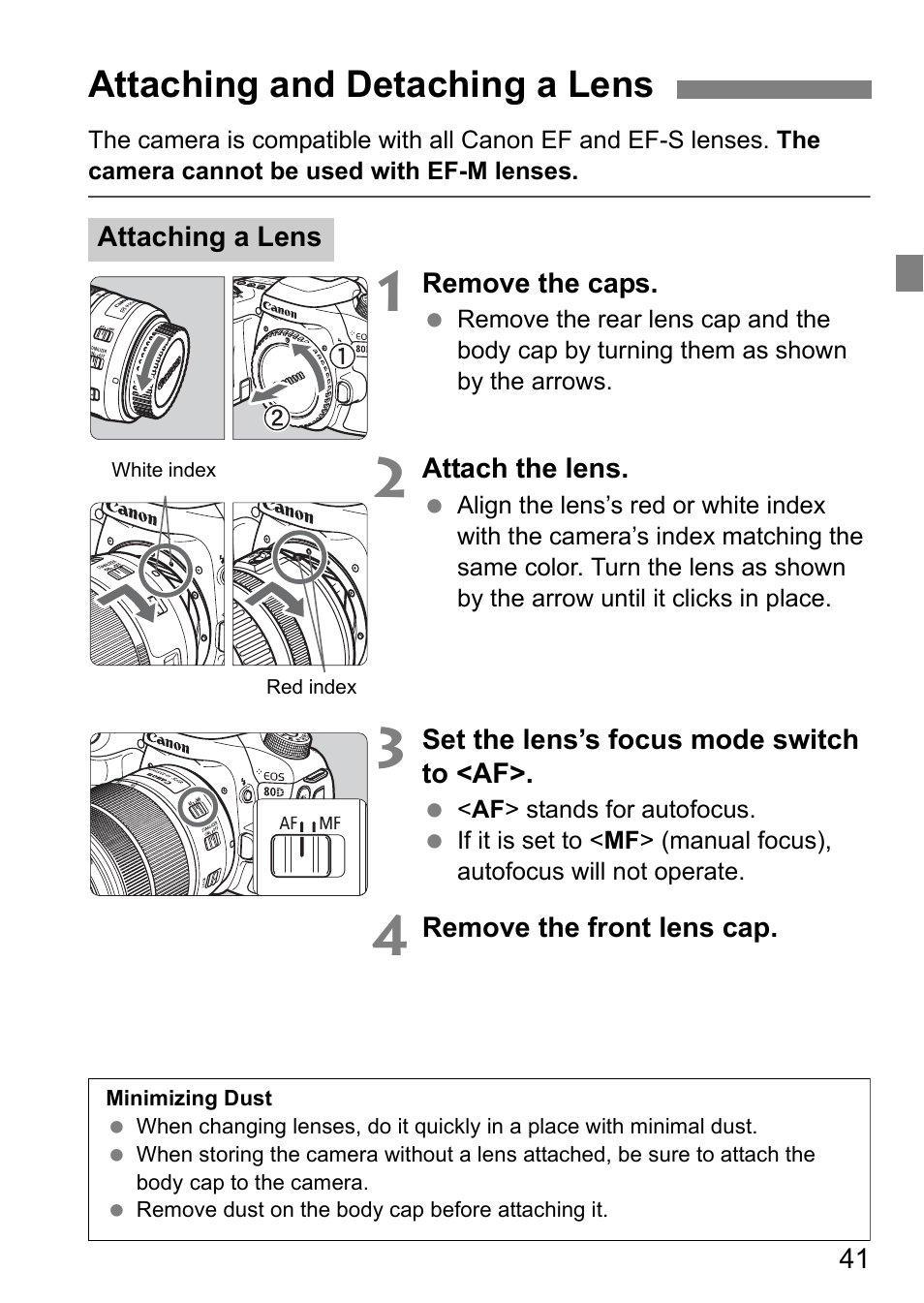 Attaching and detaching a lens | Canon EOS 80D User Manual | Page 43 / 308