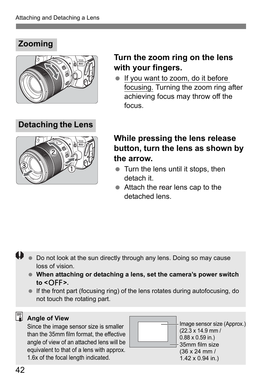 Zooming detaching the lens | Canon EOS 80D User Manual | Page 44 / 308