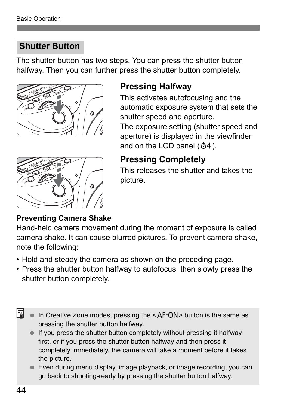 Pressing halfway, Pressing completely, Shutter button | Canon EOS 80D User Manual | Page 46 / 308