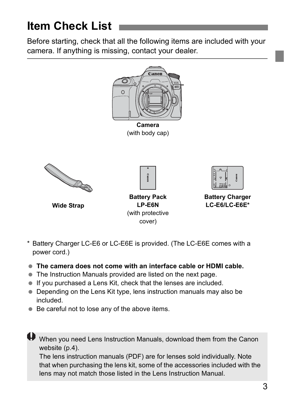 Item check list | Canon EOS 80D User Manual | Page 5 / 308