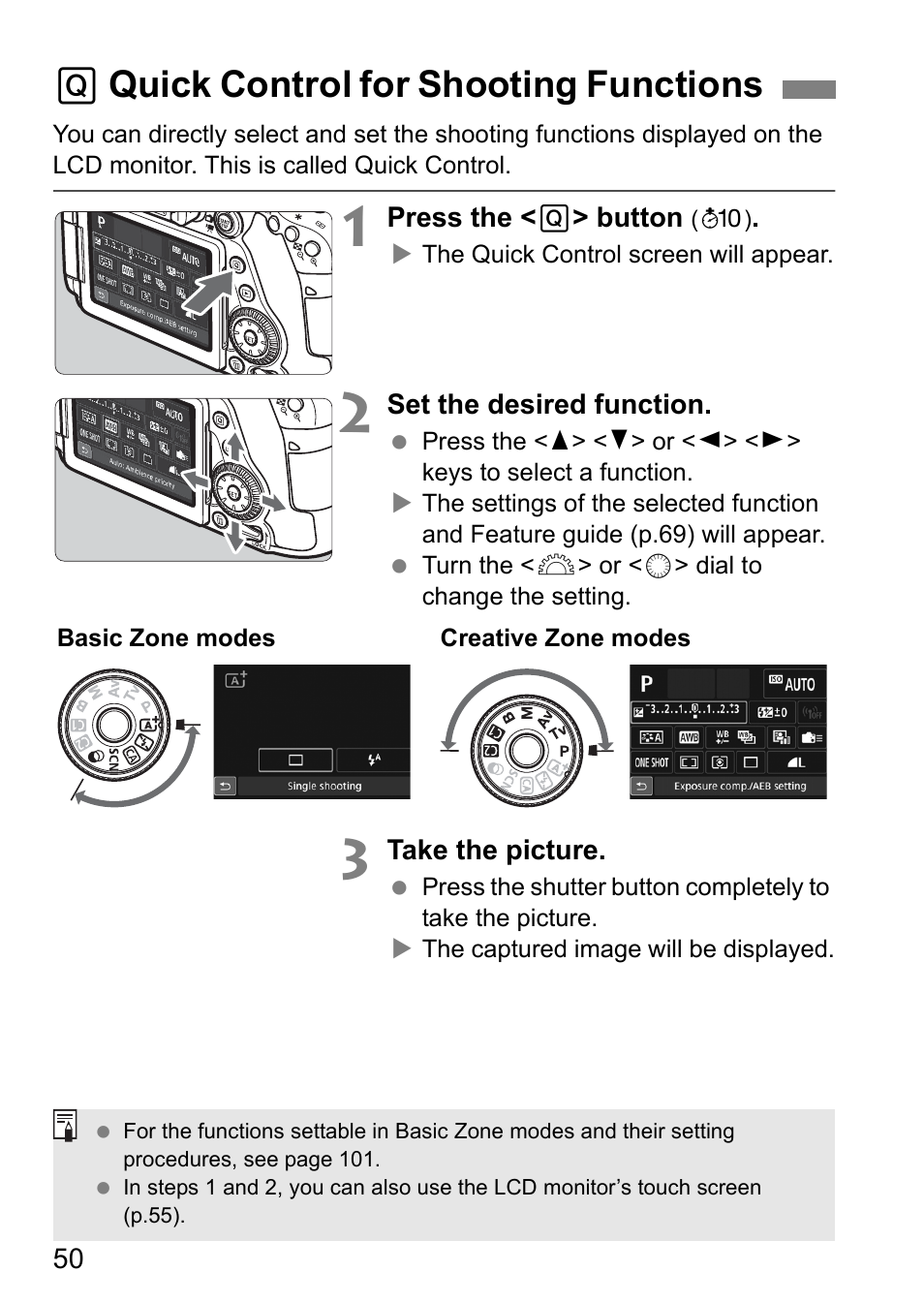 Quick control for shooting functions, Qquick control for shooting functions | Canon EOS 80D User Manual | Page 52 / 308
