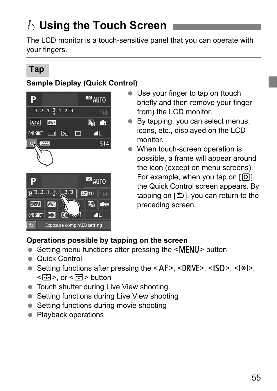 Dusing the touch screen | Canon EOS 80D User Manual | Page 57 / 308
