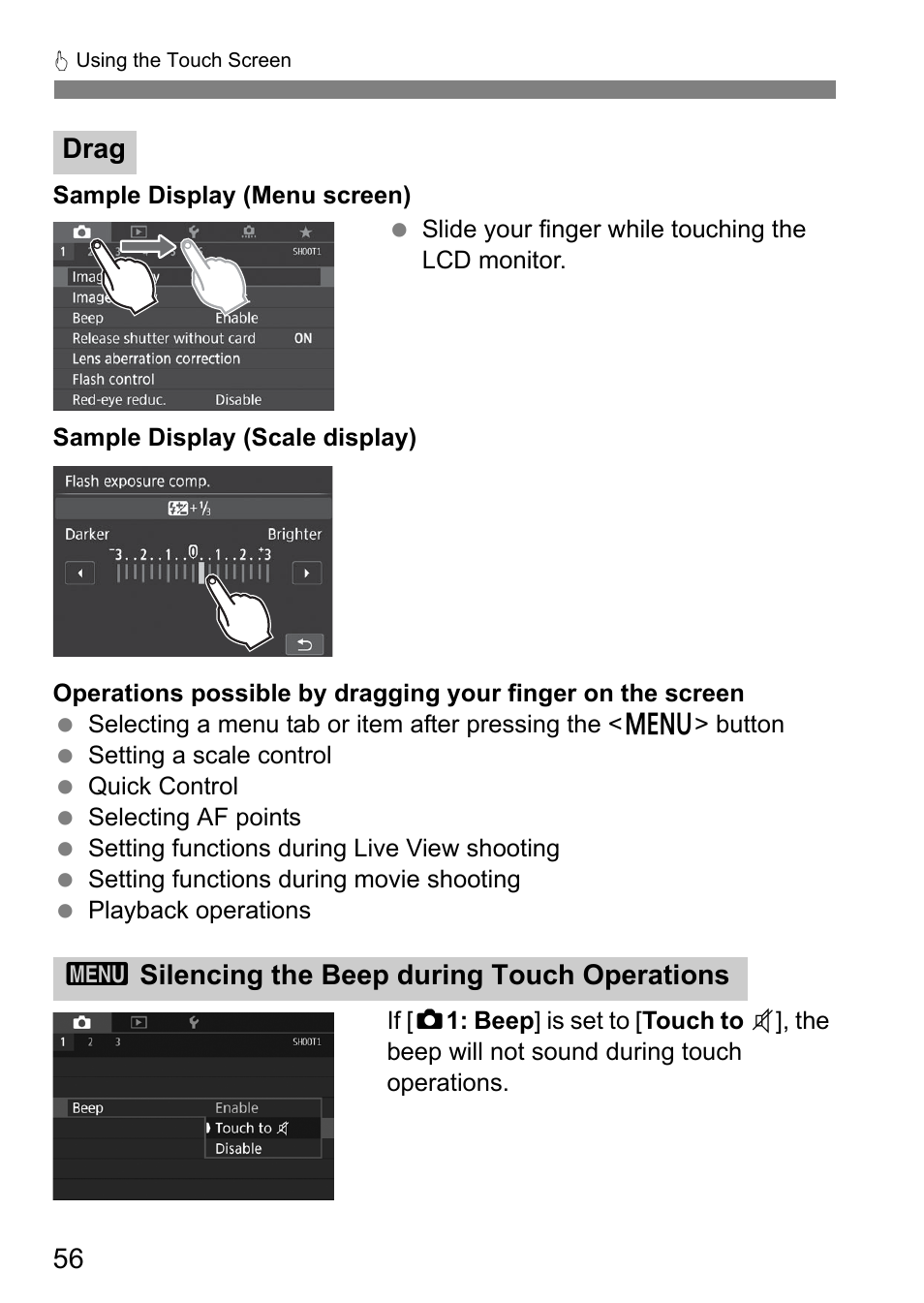 Drag 3 silencing the beep during touch operations | Canon EOS 80D User Manual | Page 58 / 308