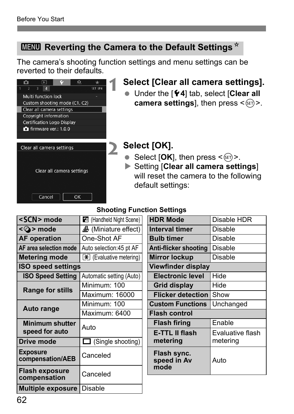 Select [clear all camera settings, Select [ok, 3reverting the camera to the default settings n | Canon EOS 80D User Manual | Page 64 / 308
