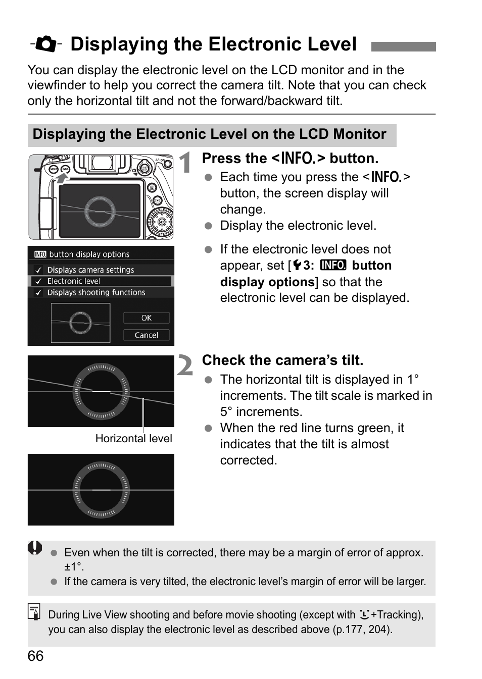 Displaying the electronic level, Qdisplaying the electronic level | Canon EOS 80D User Manual | Page 68 / 308