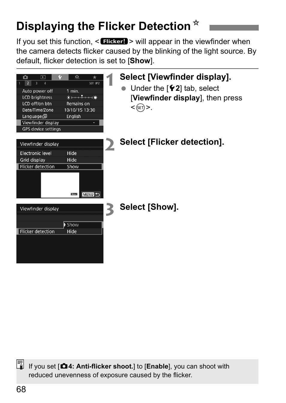 Displaying the flicker detection | Canon EOS 80D User Manual | Page 70 / 308