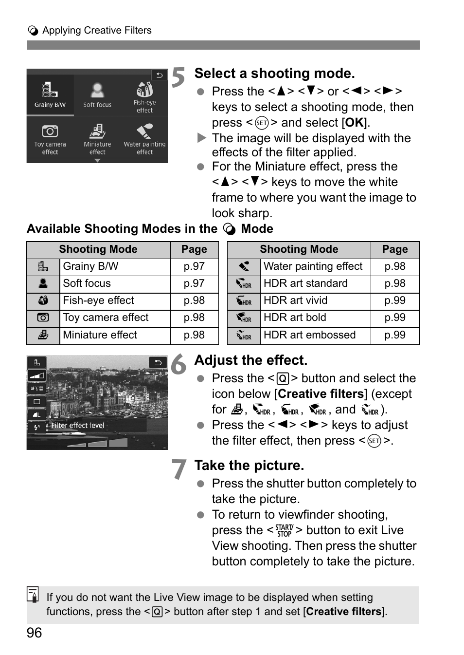 Select a shooting mode, Adjust the effect, Take the picture | Canon EOS 80D User Manual | Page 98 / 308