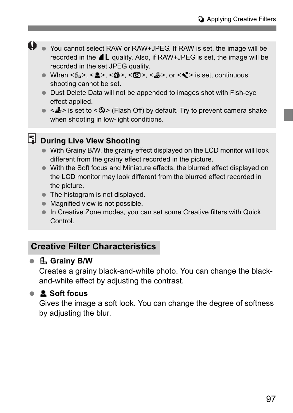 Creative filter characteristics | Canon EOS 80D User Manual | Page 99 / 308