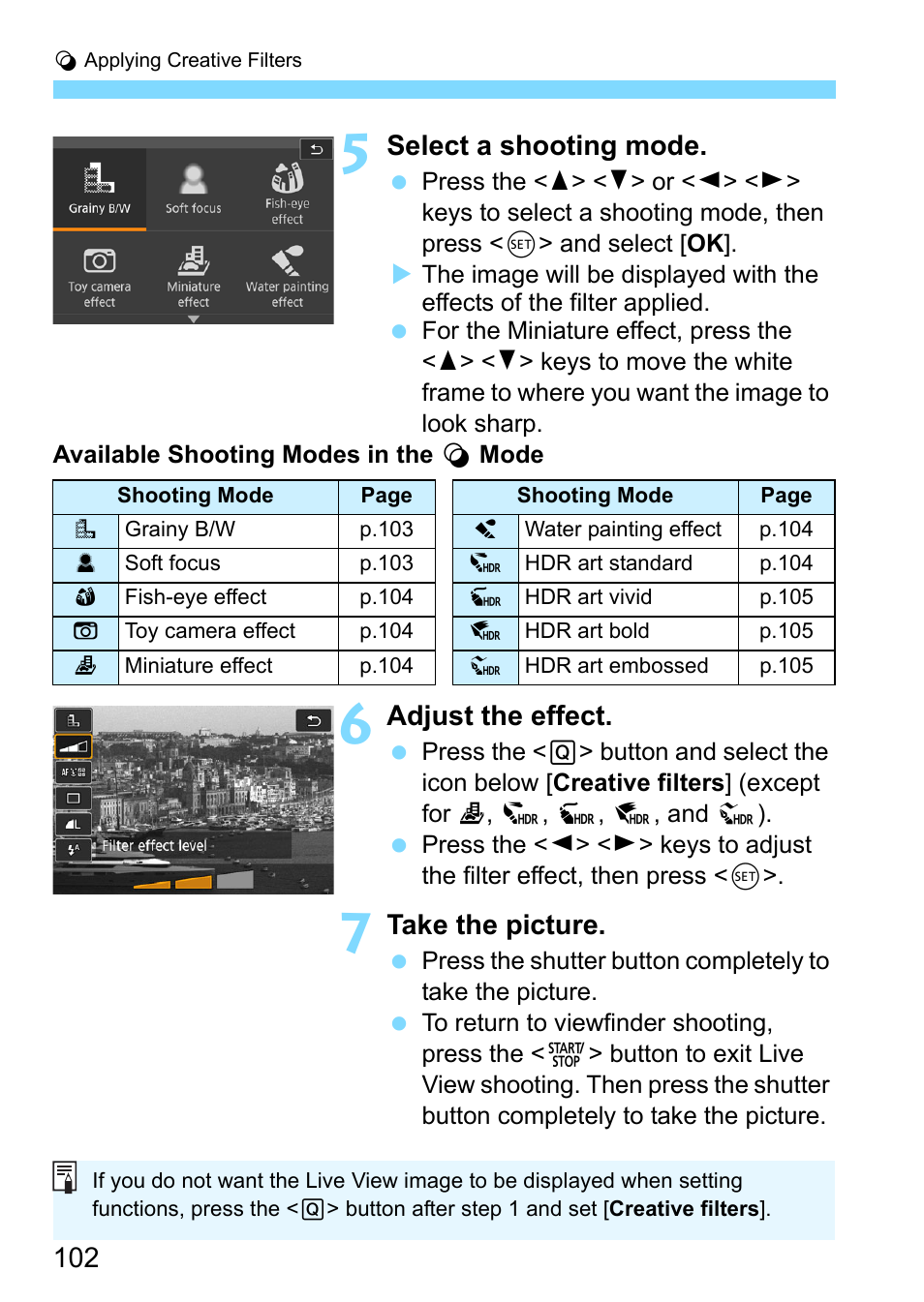 Select a shooting mode, Adjust the effect, Take the picture | Canon EOS 80D User Manual | Page 102 / 526