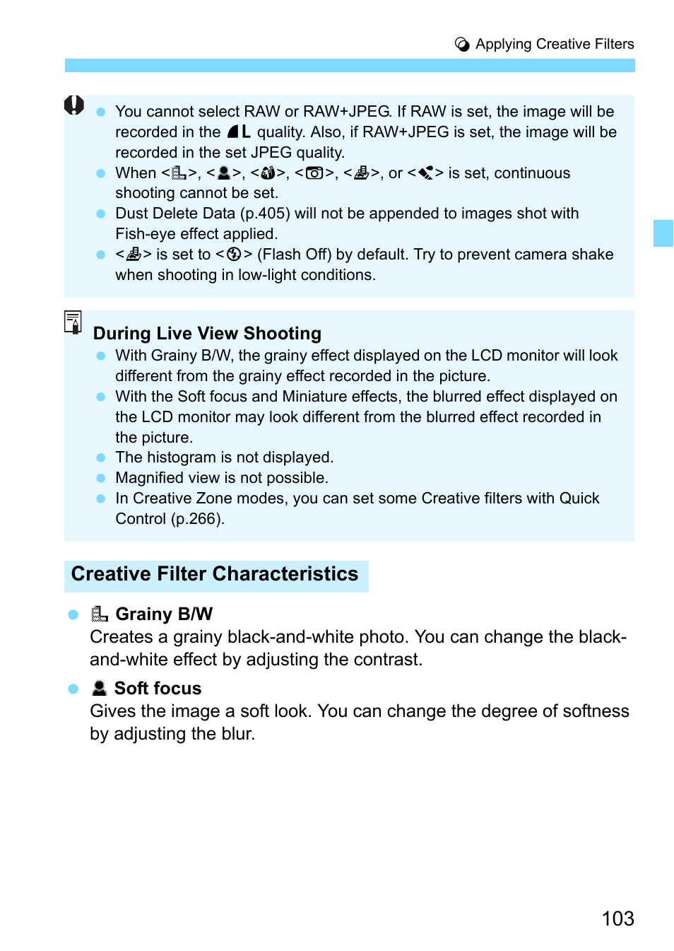 P.103, Creative filter characteristics | Canon EOS 80D User Manual | Page 103 / 526