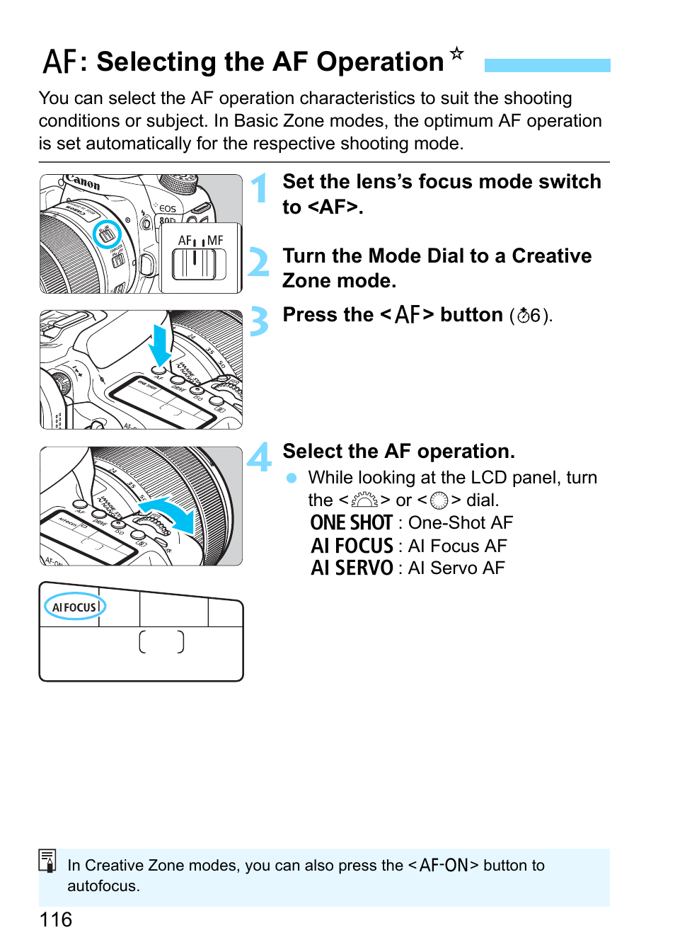 Selecting the af operation, P.116, Ration (p.116, 2 | P.116), F: selecting the af operation n | Canon EOS 80D User Manual | Page 116 / 526