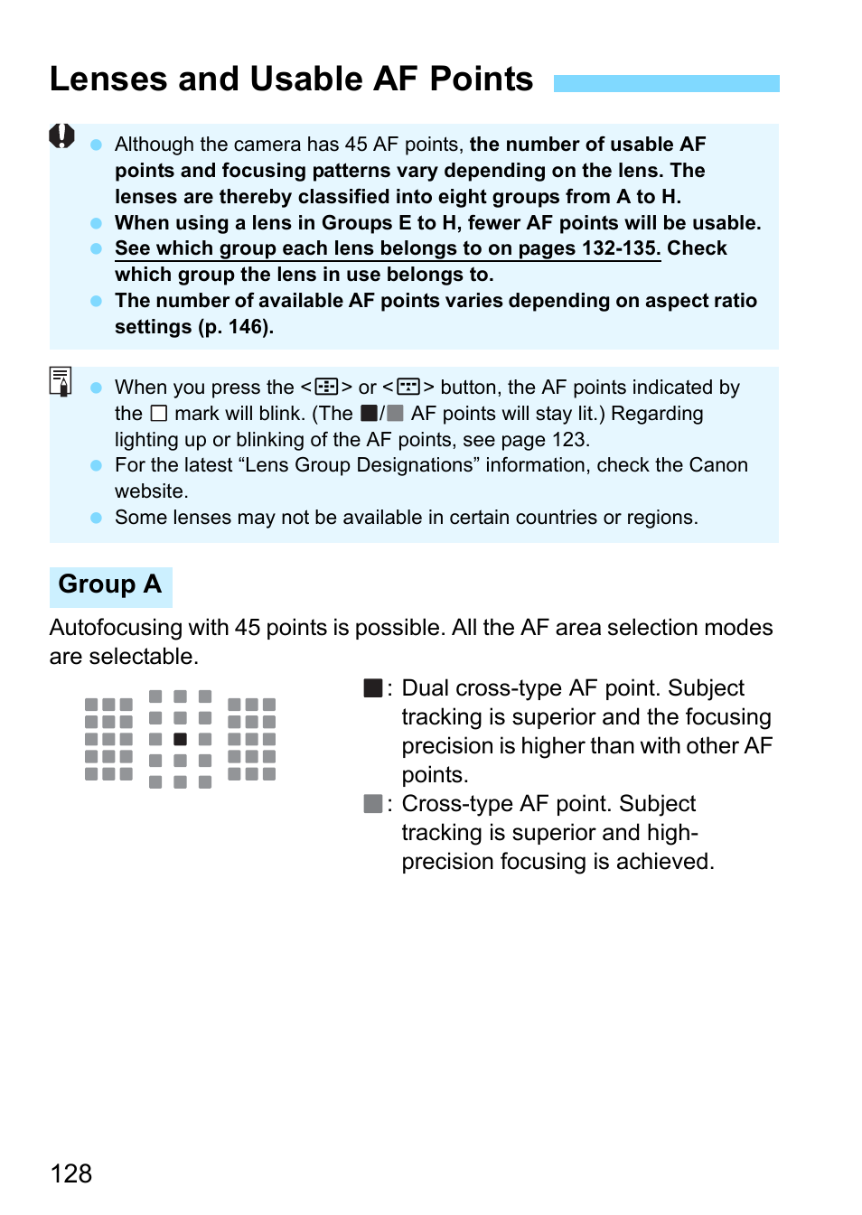 Lenses and usable af points, P.128, Group a | Canon EOS 80D User Manual | Page 128 / 526
