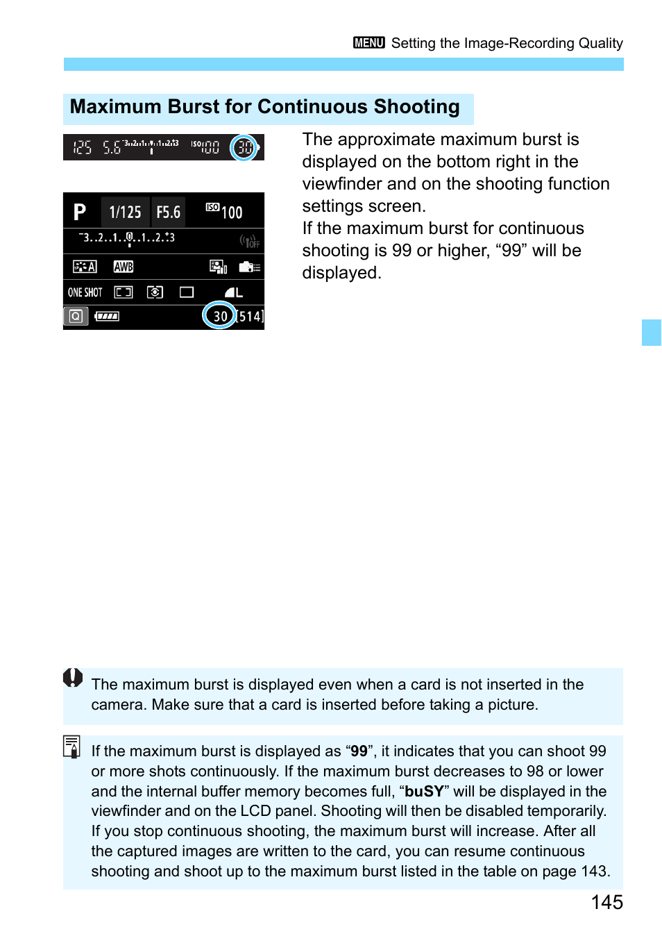 P.145, Maximum burst for continuous shooting | Canon EOS 80D User Manual | Page 145 / 526