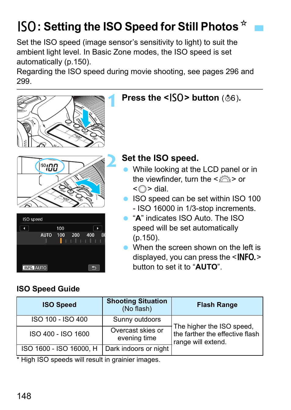 Setting the iso speed for still photos, G button (p.148, Iso speed (p.148) | O speed (p.148, Eed (p.148), Speed (p.148, D (p.148), I: setting the iso speed for still photos n | Canon EOS 80D User Manual | Page 148 / 526