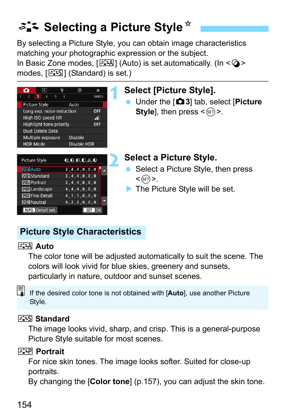 Selecting a picture style, Yle (p.154), Aselecting a picture style n | Canon EOS 80D User Manual | Page 154 / 526
