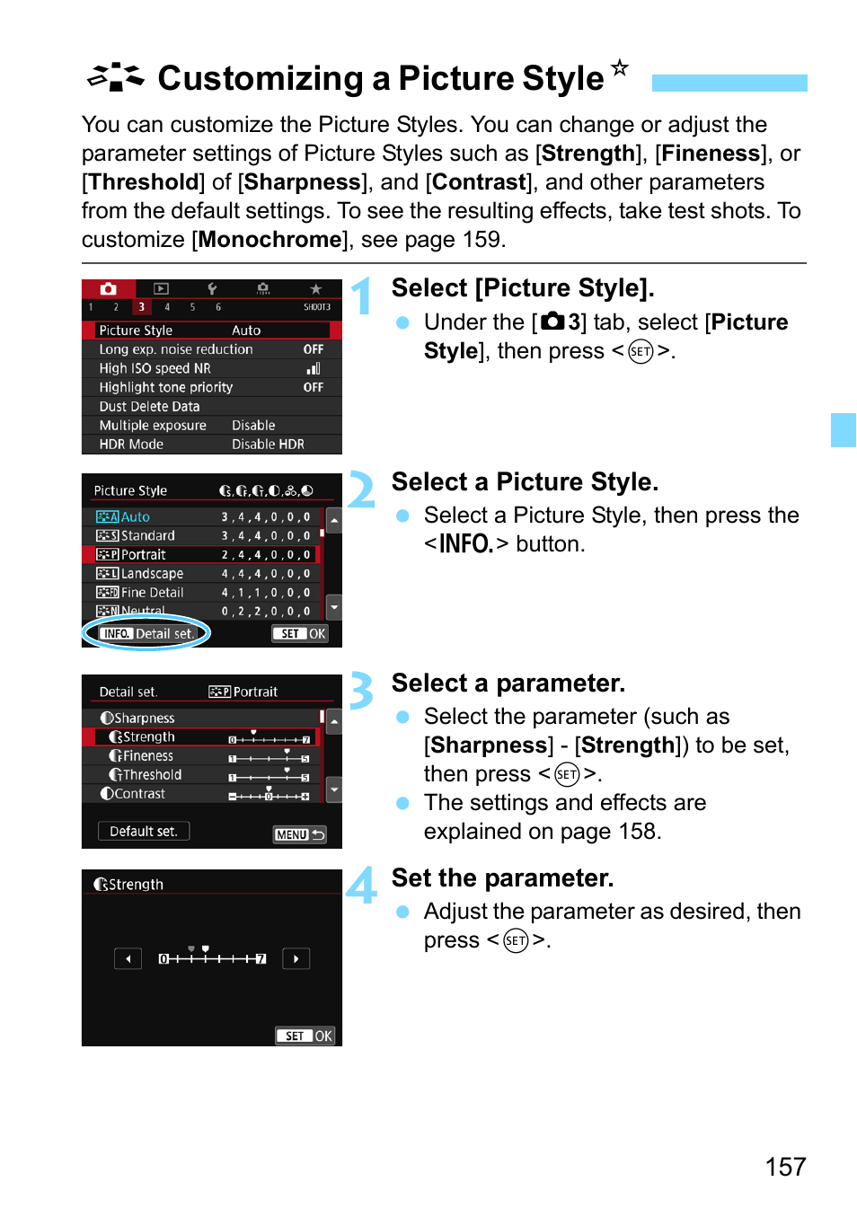 Customizing a picture style, Acustomizing a picture style n | Canon EOS 80D User Manual | Page 157 / 526