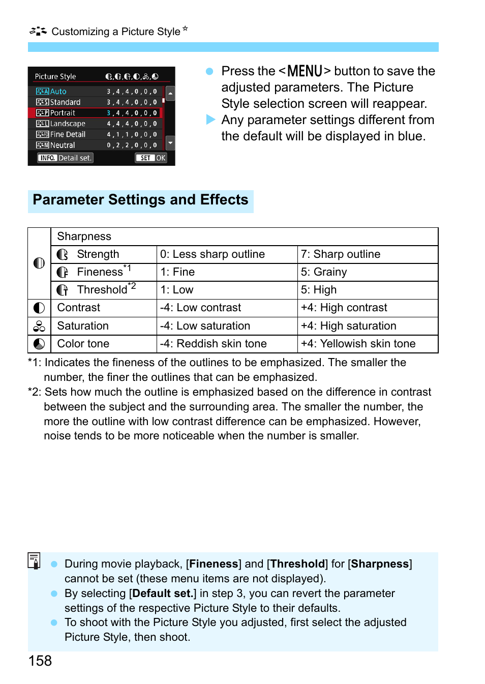 Parameter settings and effects | Canon EOS 80D User Manual | Page 158 / 526