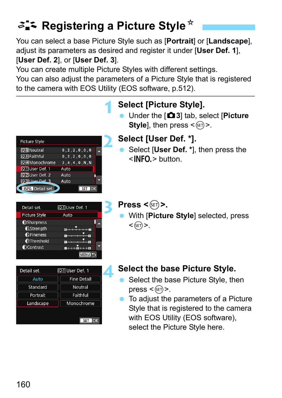 Registering a picture style, Aregistering a picture style n | Canon EOS 80D User Manual | Page 160 / 526