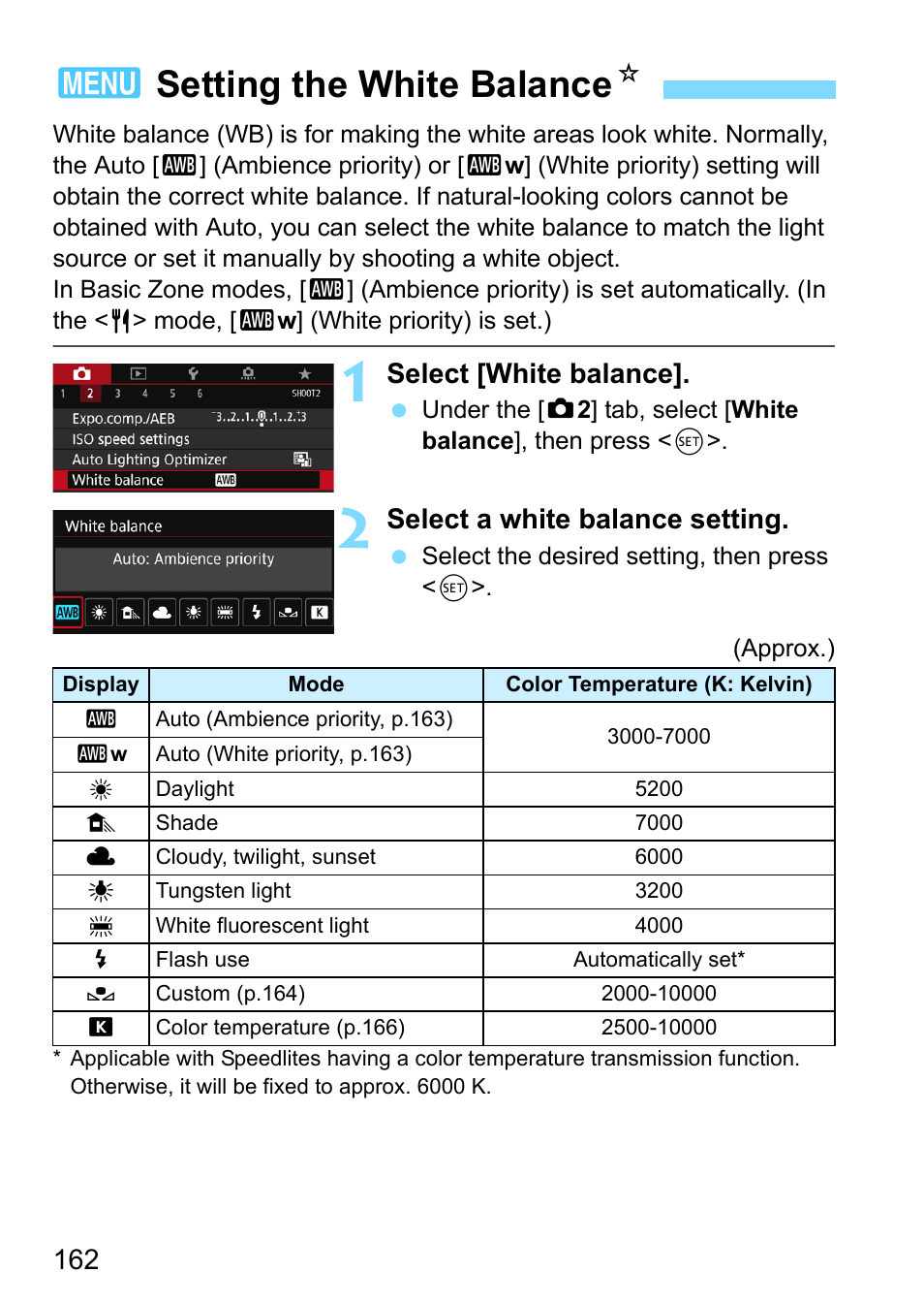 Setting the white balance, Ce (p.162), 3setting the white balance n | Select [white balance, Select a white balance setting | Canon EOS 80D User Manual | Page 162 / 526