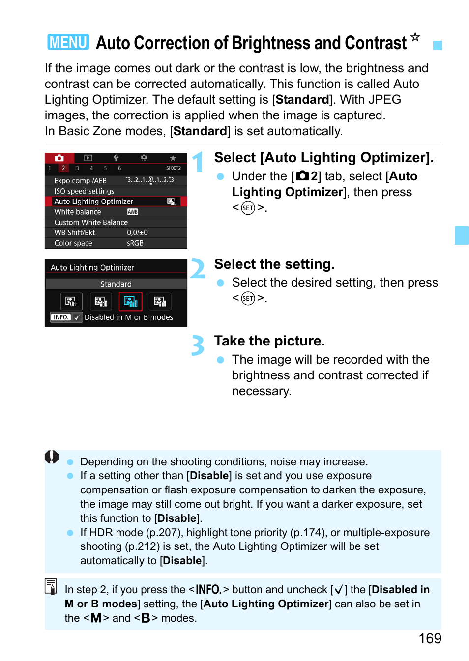 Auto correction of brightness and contrast, R (p.169), 3auto correction of brightness and contrast n | Canon EOS 80D User Manual | Page 169 / 526