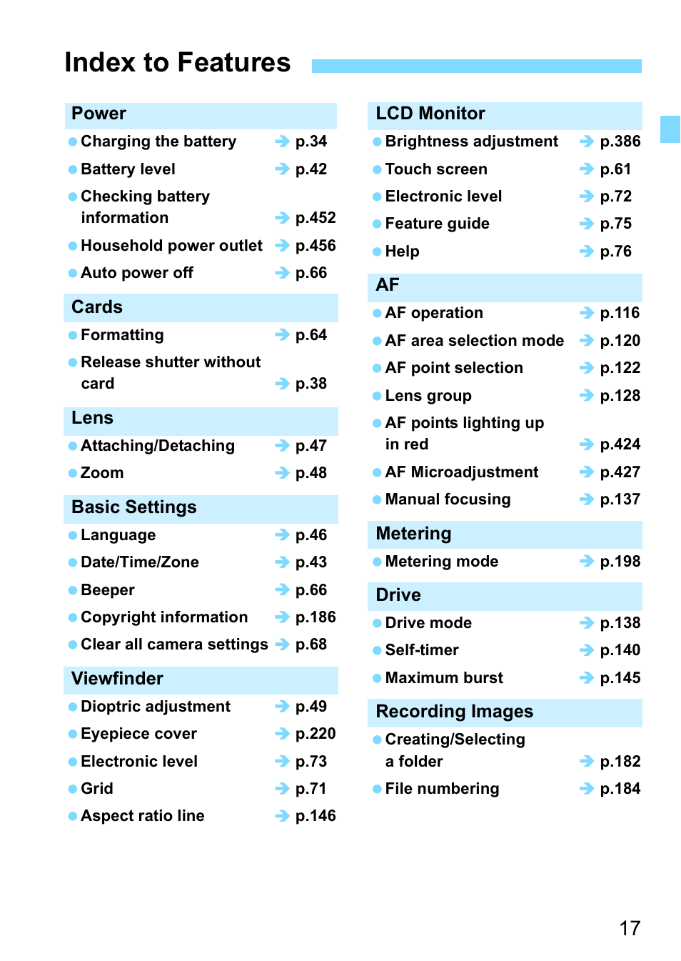 Index to features | Canon EOS 80D User Manual | Page 17 / 526