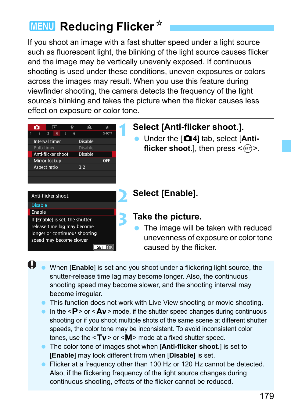 Reducing flicker, 3reducing flicker n | Canon EOS 80D User Manual | Page 179 / 526