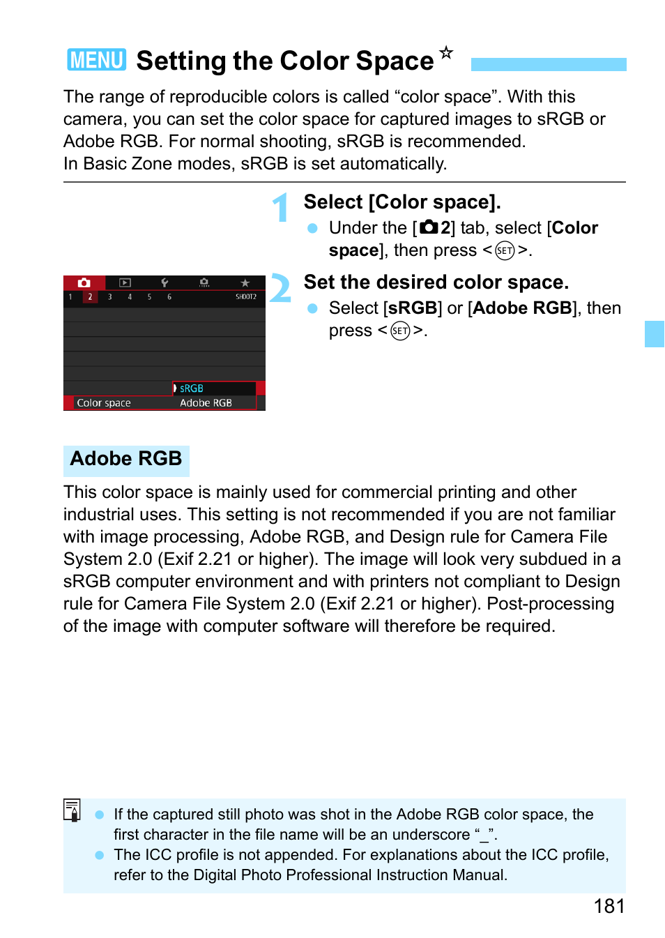 Setting the color space, 3setting the color space n | Canon EOS 80D User Manual | Page 181 / 526