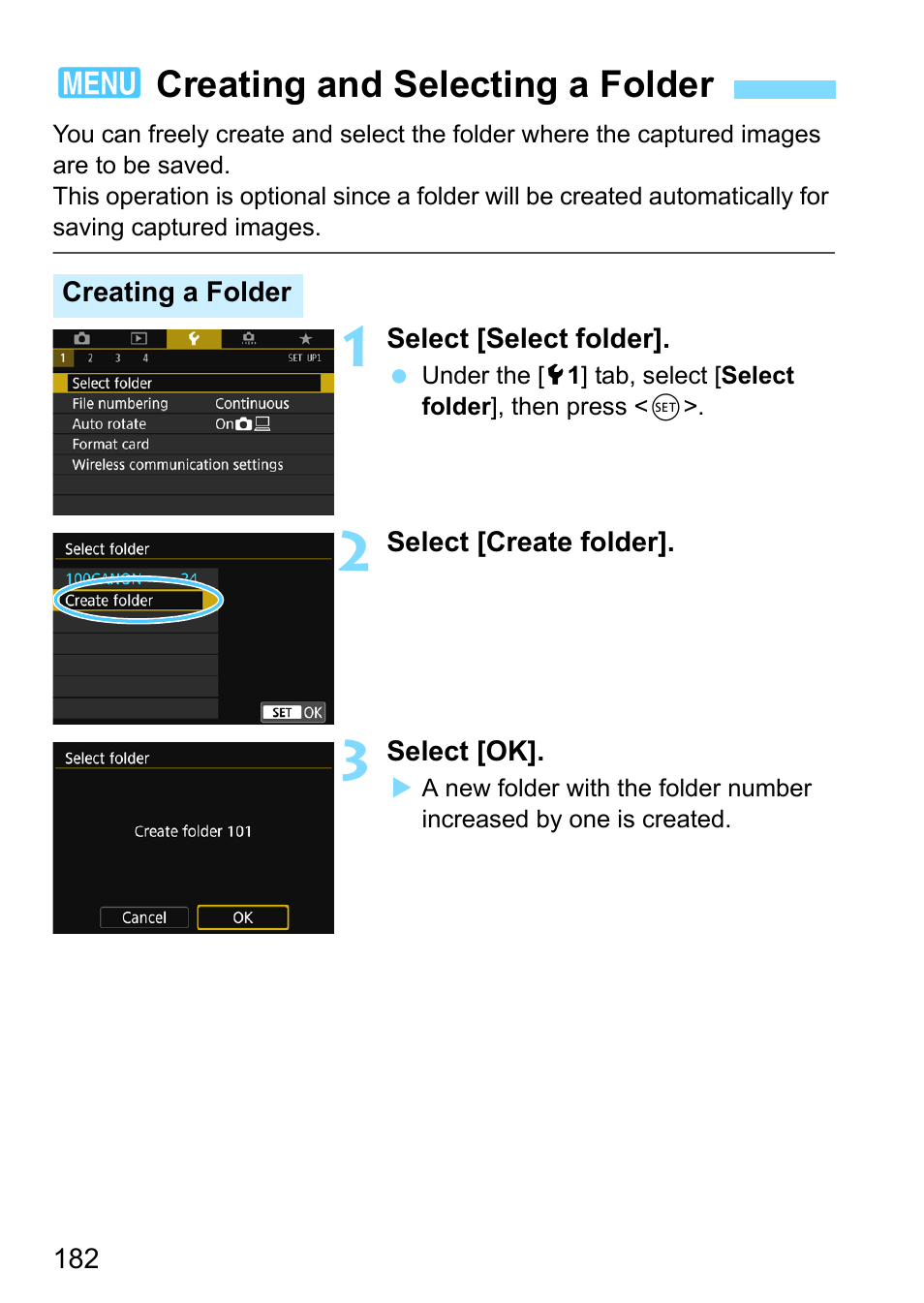 Creating and selecting a folder, P.182, 3creating and selecting a folder | Canon EOS 80D User Manual | Page 182 / 526