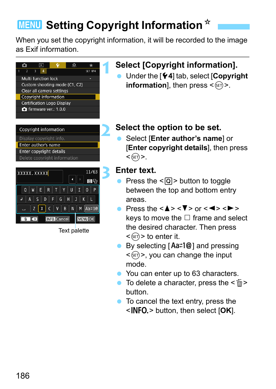Setting copyright information, 3setting copyright information n | Canon EOS 80D User Manual | Page 186 / 526