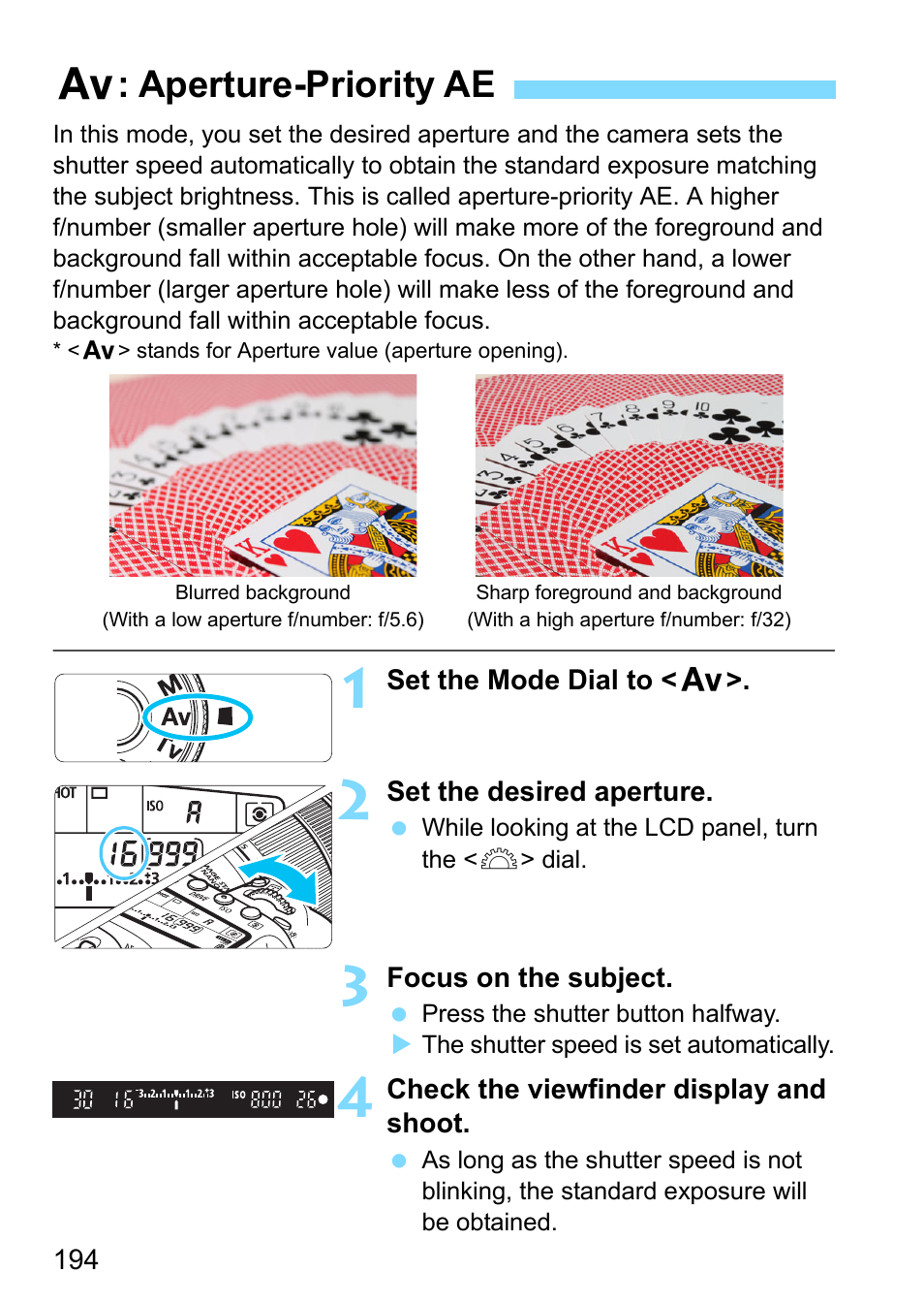 Aperture-priority ae, Aperture (p.194), P.194) | F: aperture-priority ae | Canon EOS 80D User Manual | Page 194 / 526