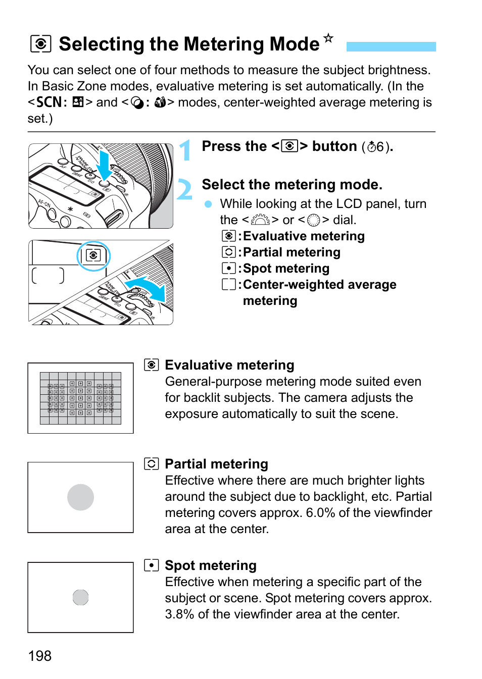 Selecting the metering mode, P.198, Ion button (p.198) | Circle (p.198), Ring mode (p.198), Qselecting the metering mode n | Canon EOS 80D User Manual | Page 198 / 526